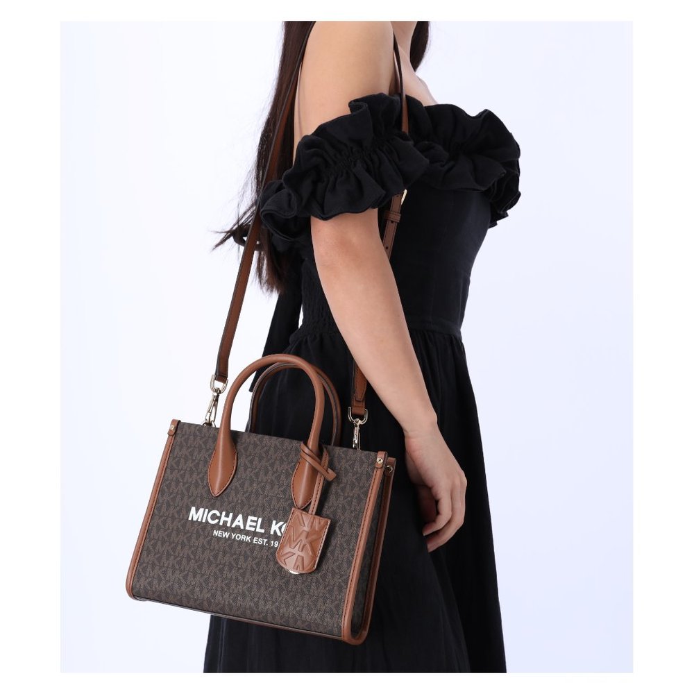Michael Kors Mirella Small Top Zip Shopper Tote Crossbody Brown MK Siganture